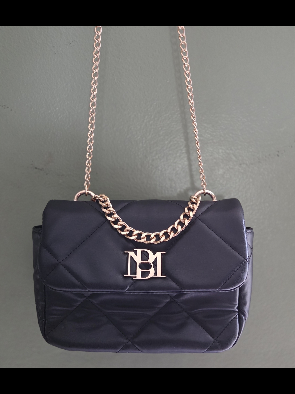 Black Quilted Shoulder Bag with Gold Chain